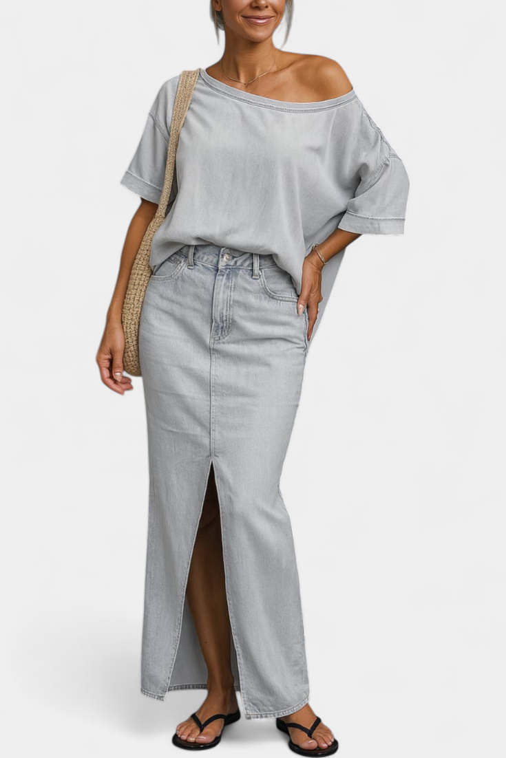 Apolonia Asymmetrical Denim Set with Long Skirt