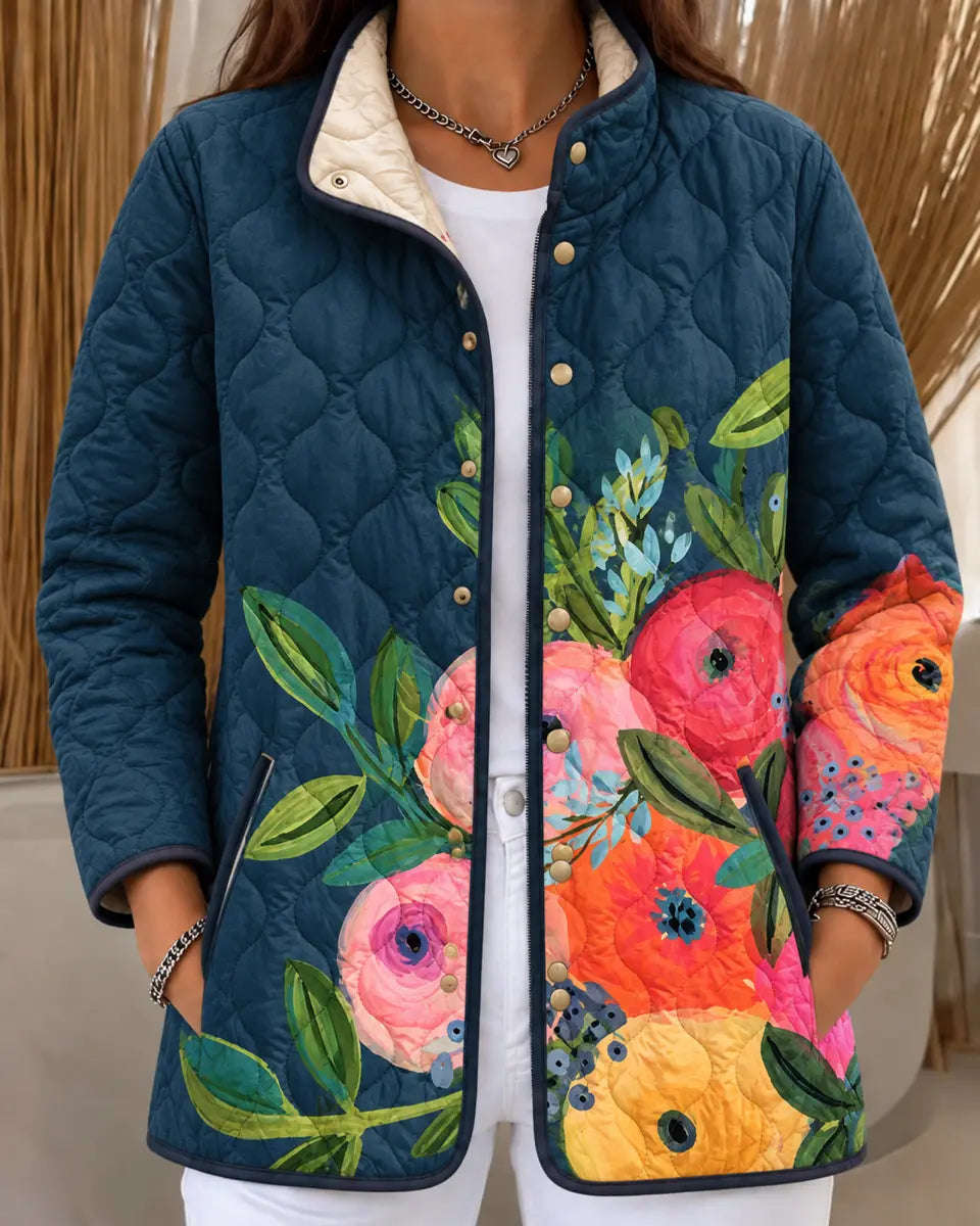 Diane | Blue Quilted Jacket with Painted Florals