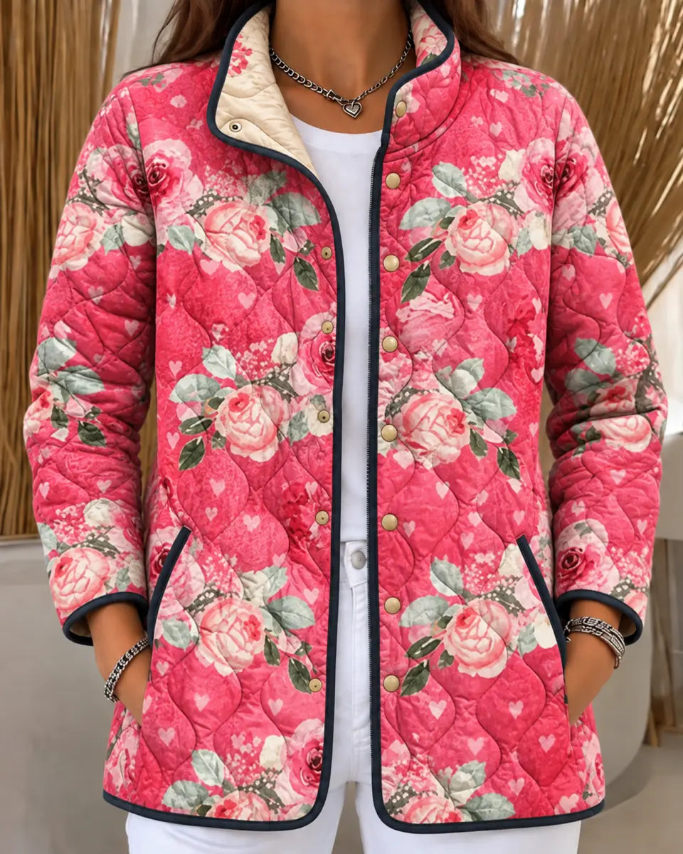 Carol | Pink Quilted Jacket with Roses and Hearts