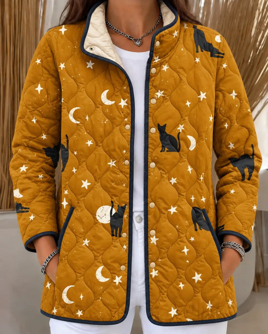 Louise | Mustard Quilted Jacket with Cats and Moons