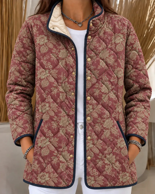 Linda | Burgundy Botanical-Print Quilted Jacket