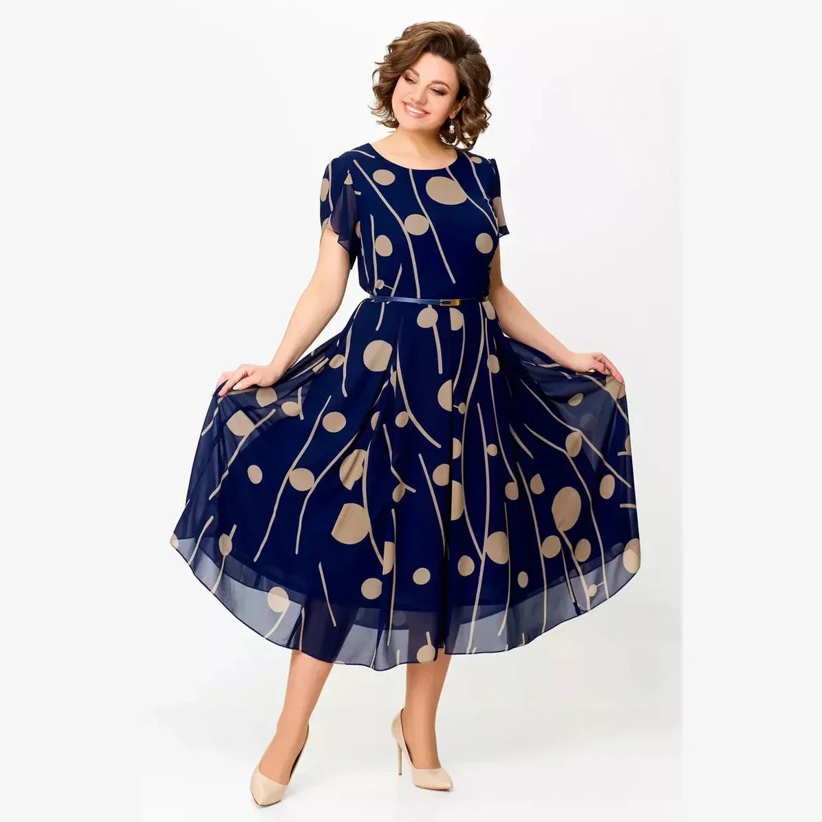 Susan | Navy Polka Dot Print Chiffon Midi Dress