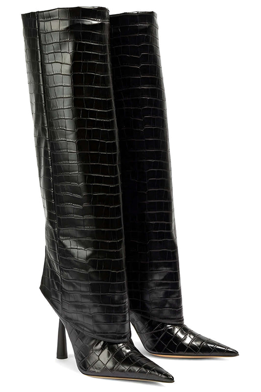 Pointed Toe High Heeled Boots in Crocodile-Patterned Synthetic Leather