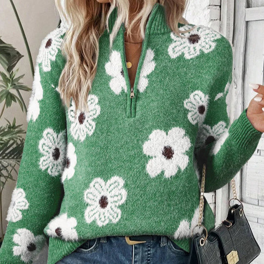 Judith | Floral Cable-Knit Quarter-Zip Sweater