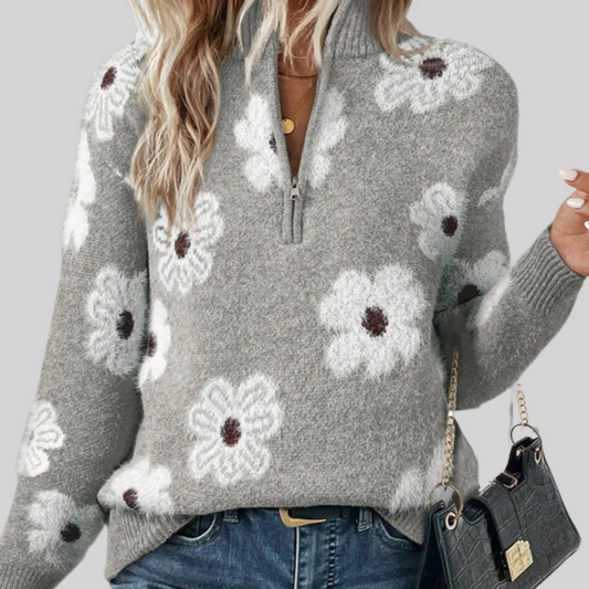 Judith | Floral Cable-Knit Quarter-Zip Sweater