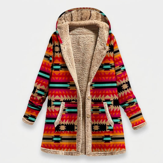 Savannah | Orange Aztec Hooded Fleece Coat