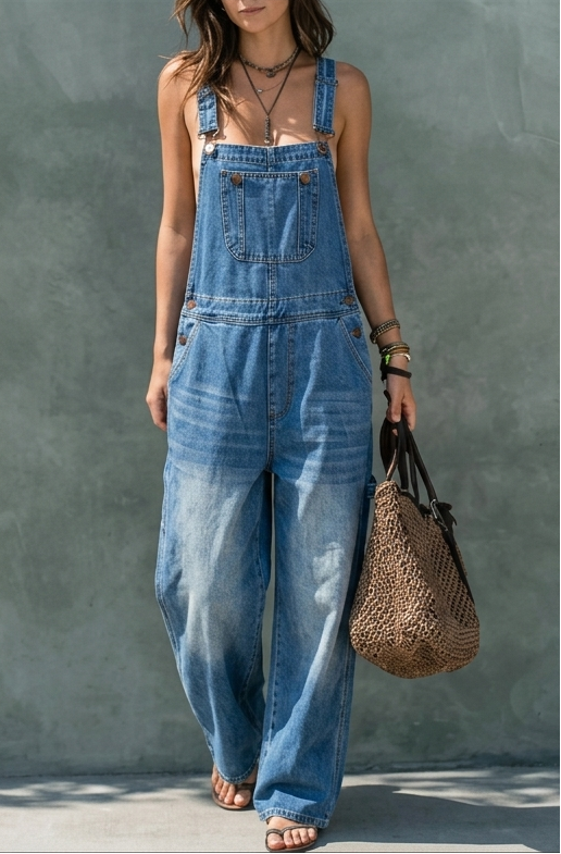 Adele | Elastic-Waist Denim Overalls
