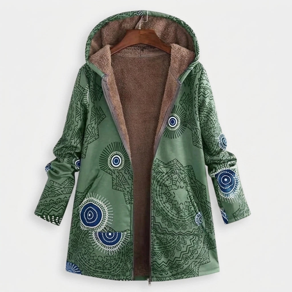 Grace | Green Patterned Hooded Fleece Jacket