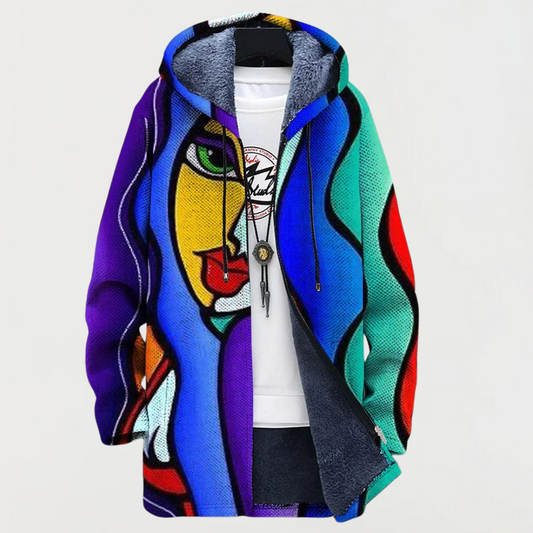 Dorina | Blue and Red Art-Print Hooded Cardigan