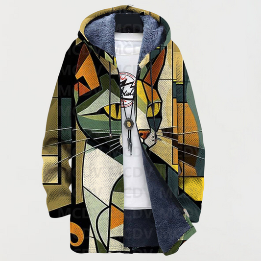 Xenia | Cubist Cat-Print Hooded Cardigan