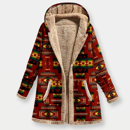 Hailey | Red Patterned Hooded Fleece Jacket