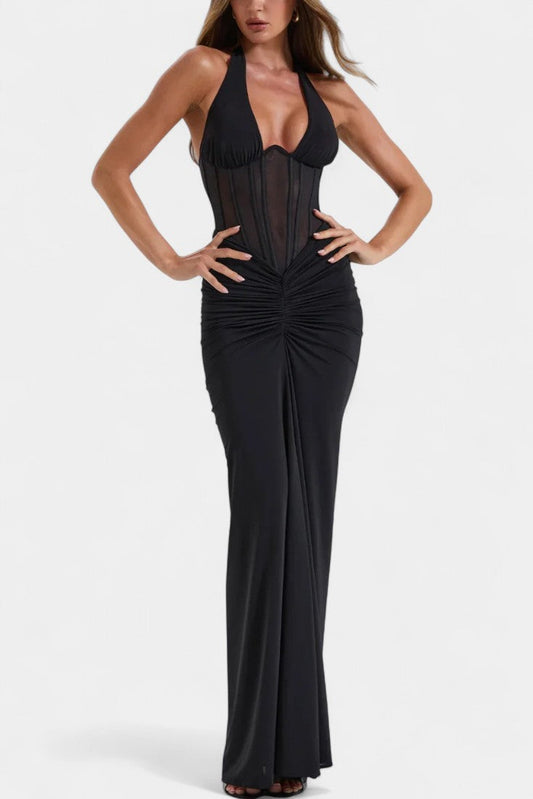 Angelina Mesh Corset Halter with Gathered Maxi Skirt Ensemble