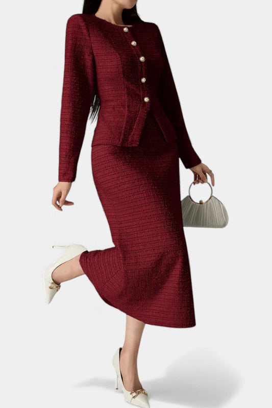 Véronique Two-Piece Tweed Ensemble – Round Neck Blouse with Midi Mermaid Skirt