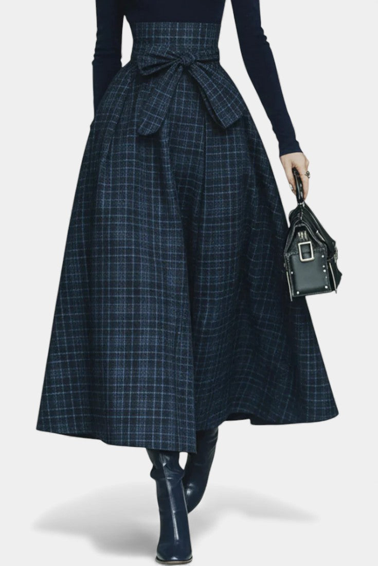 Angelika Night Blue High Neck Set with Checkered Skirt