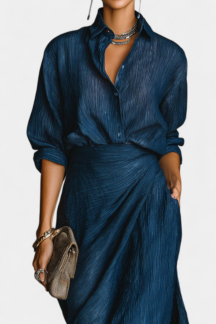 Ziya Dark Blue Outfit Featuring a Light Shirt and Elegant Flowing Maxi Skirt