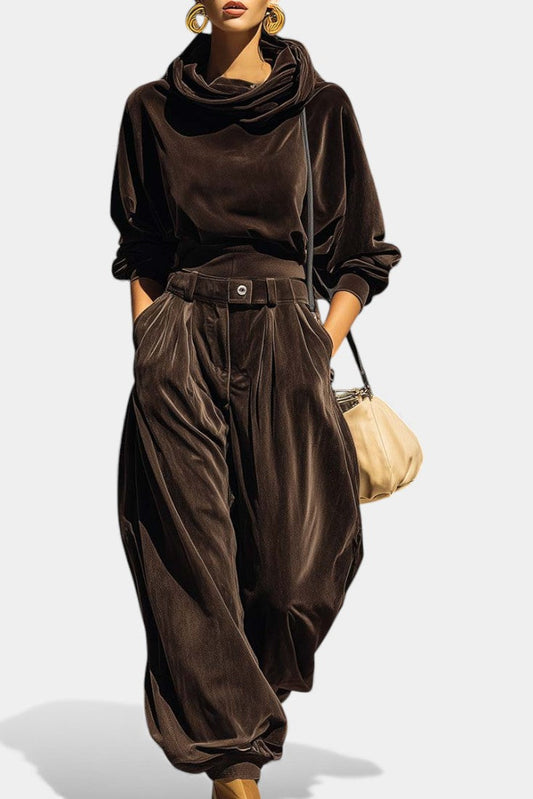 Riana Vintage Brown Velvet Hooded Ensemble with Relaxed Pants
