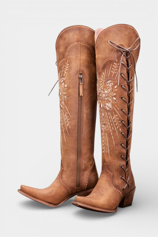 Antonine Vintage Western Lace-Up Boots with Embroidery
