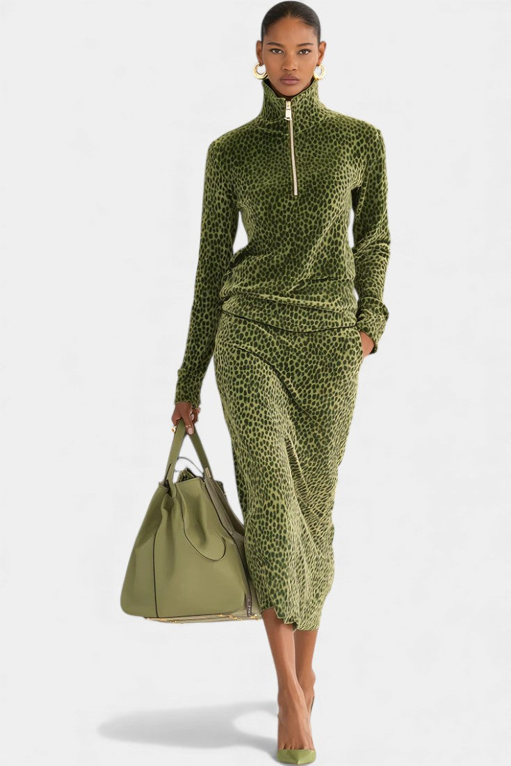 Avdotya Vintage Leopard Print High Collar Ensemble