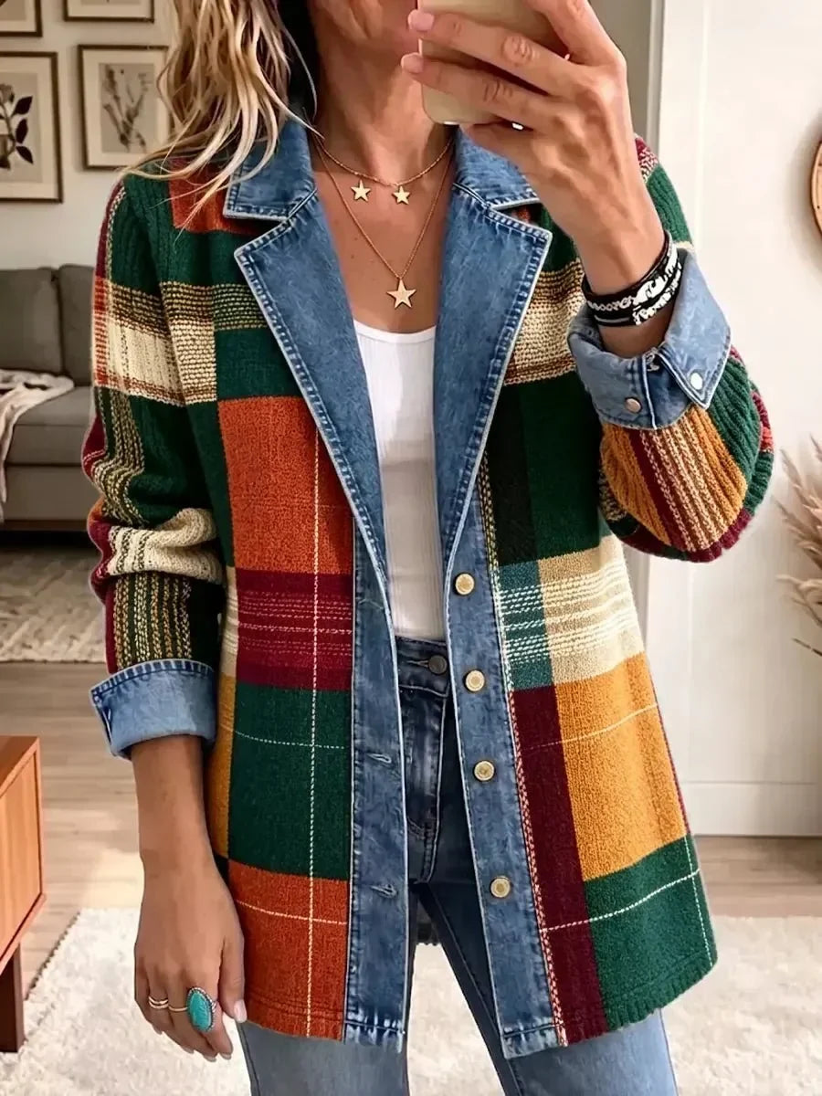 Ella | Retro Plaid Art-Print Denim Jacket