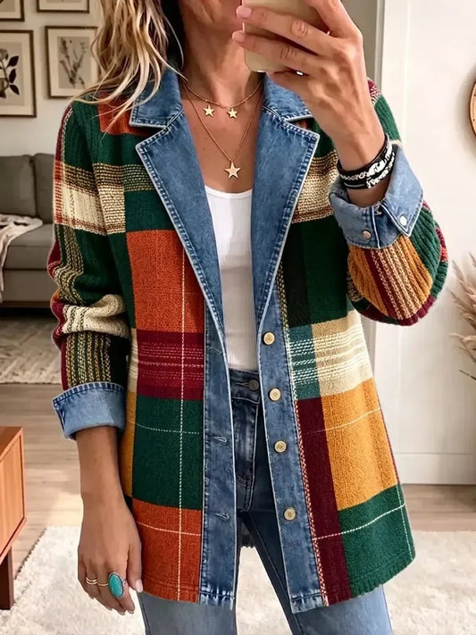 Ella | Retro Plaid Art-Print Denim Jacket