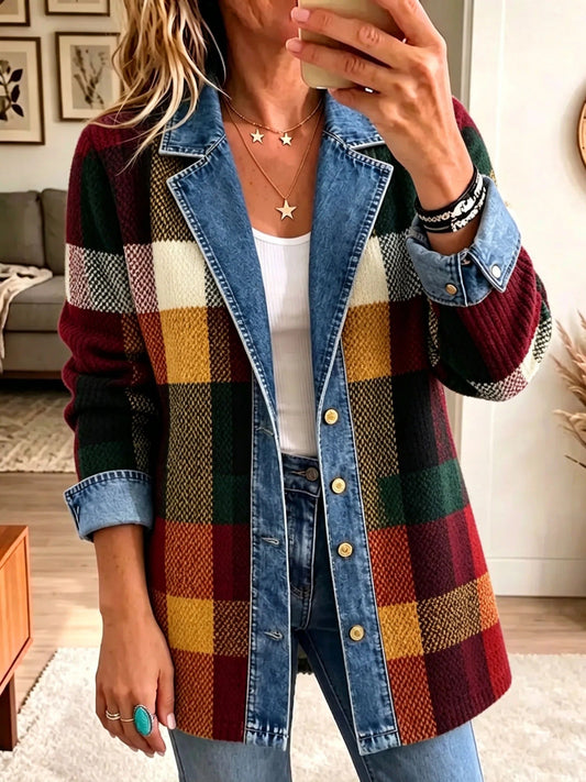 Isabella | Plaid Color-Block Denim Jacket