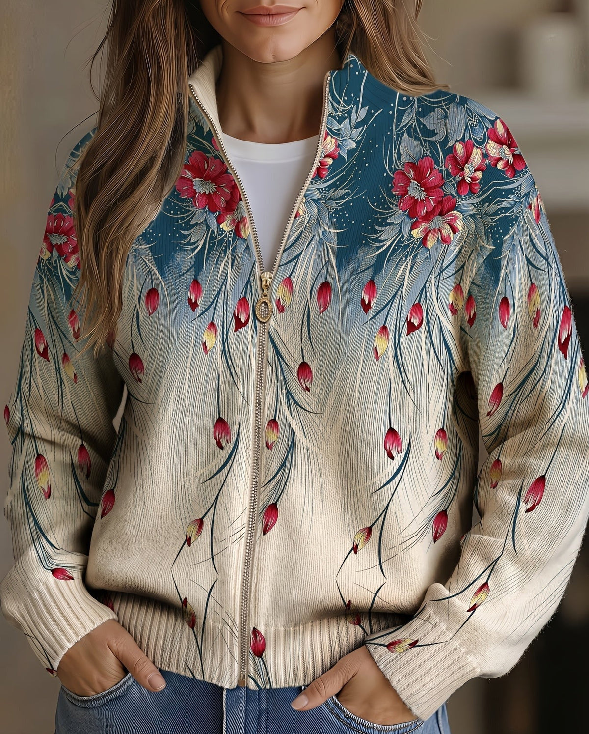 Zillah | Peacock Floral Zip Cardigan