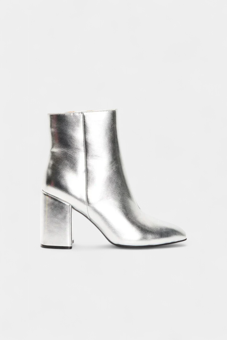 Ralica Silver Metallic Pointed Toe Ankle Boots with Block Heel